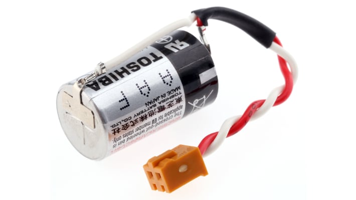 Batteria al litio Omron CPM2ABAT01 per CPU PLC serie CPM2A, operativa da 0 a 55°C, durata di circa cinque anni.