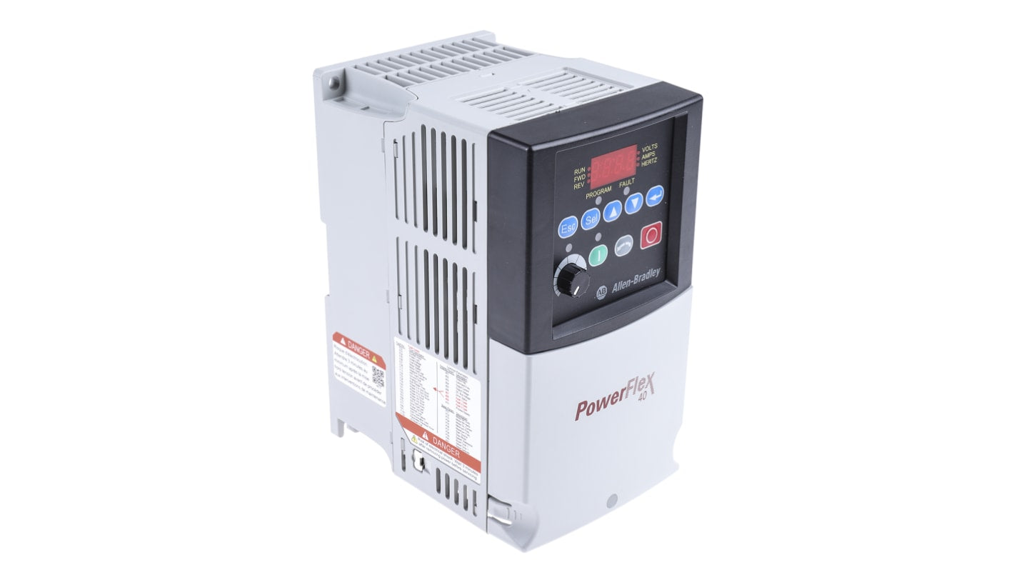 Allen Bradley 22B-D4P0N104, inverter trifase PowerFlex 40, 1,5 kW, 400 V, interfaccia Ethernet, dimensioni 180x100x136 mm.