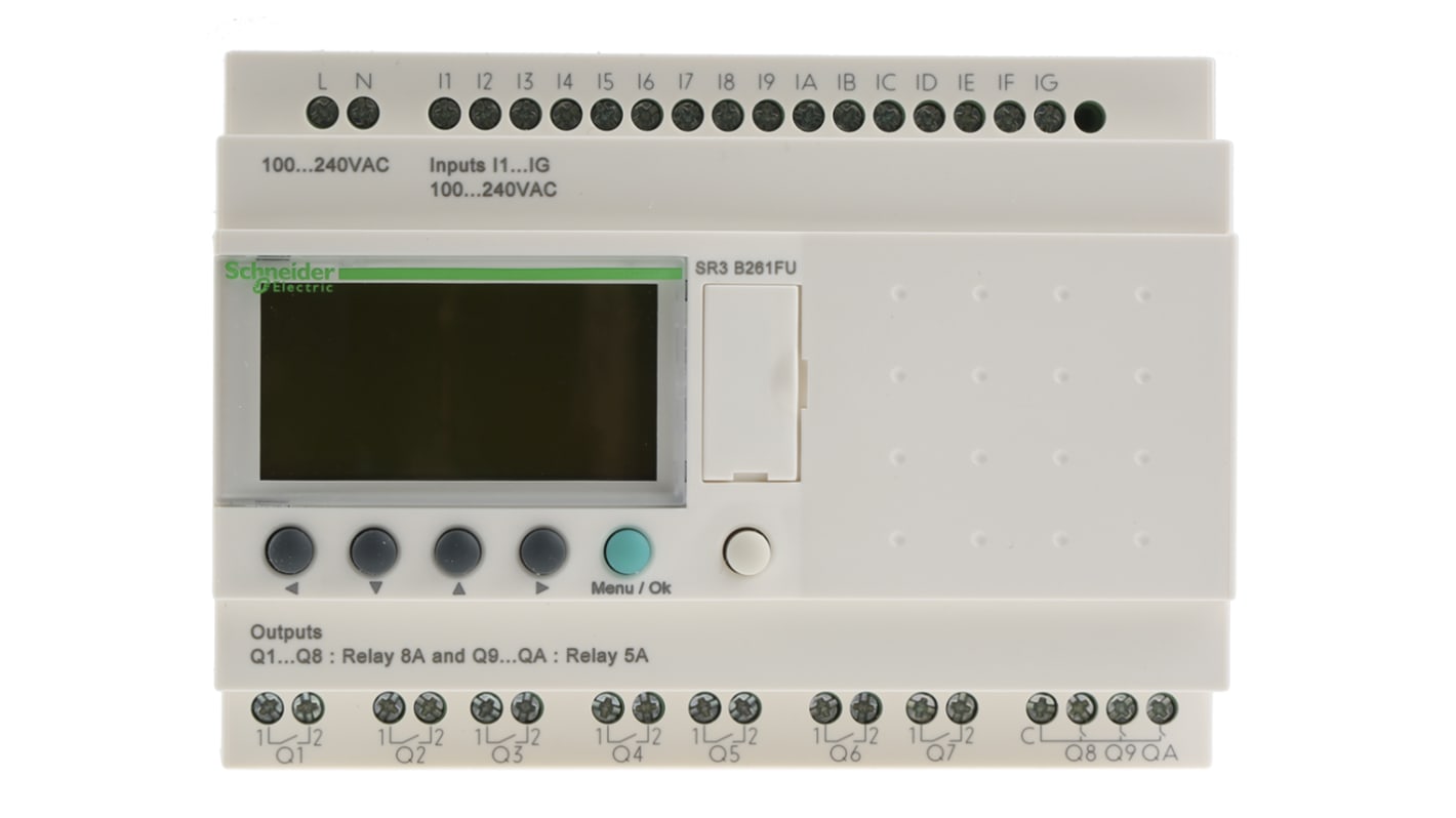 Modulo logico Schneider Electric SR3B261FU con 16 ingressi e 10 uscite - Serie Zelio Logic per automazione industriale e controllo HVAC.