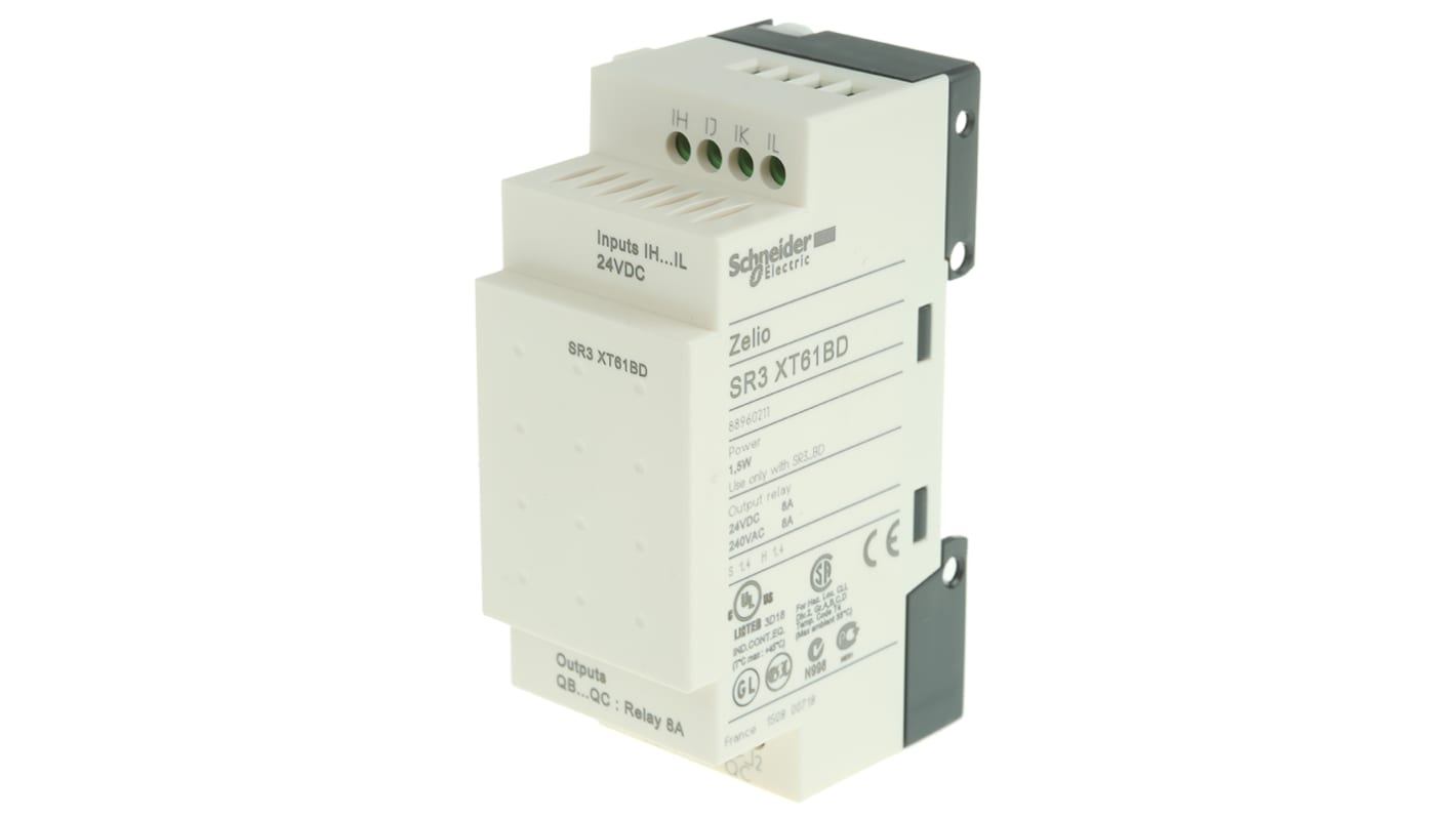 Modulo I/O Schneider Electric SR3XT61BD per guida DIN, 4 ingressi discreti, 2 uscite relè, 24 V cc, dimensioni 110 x 35,5 x 59,5 mm.
