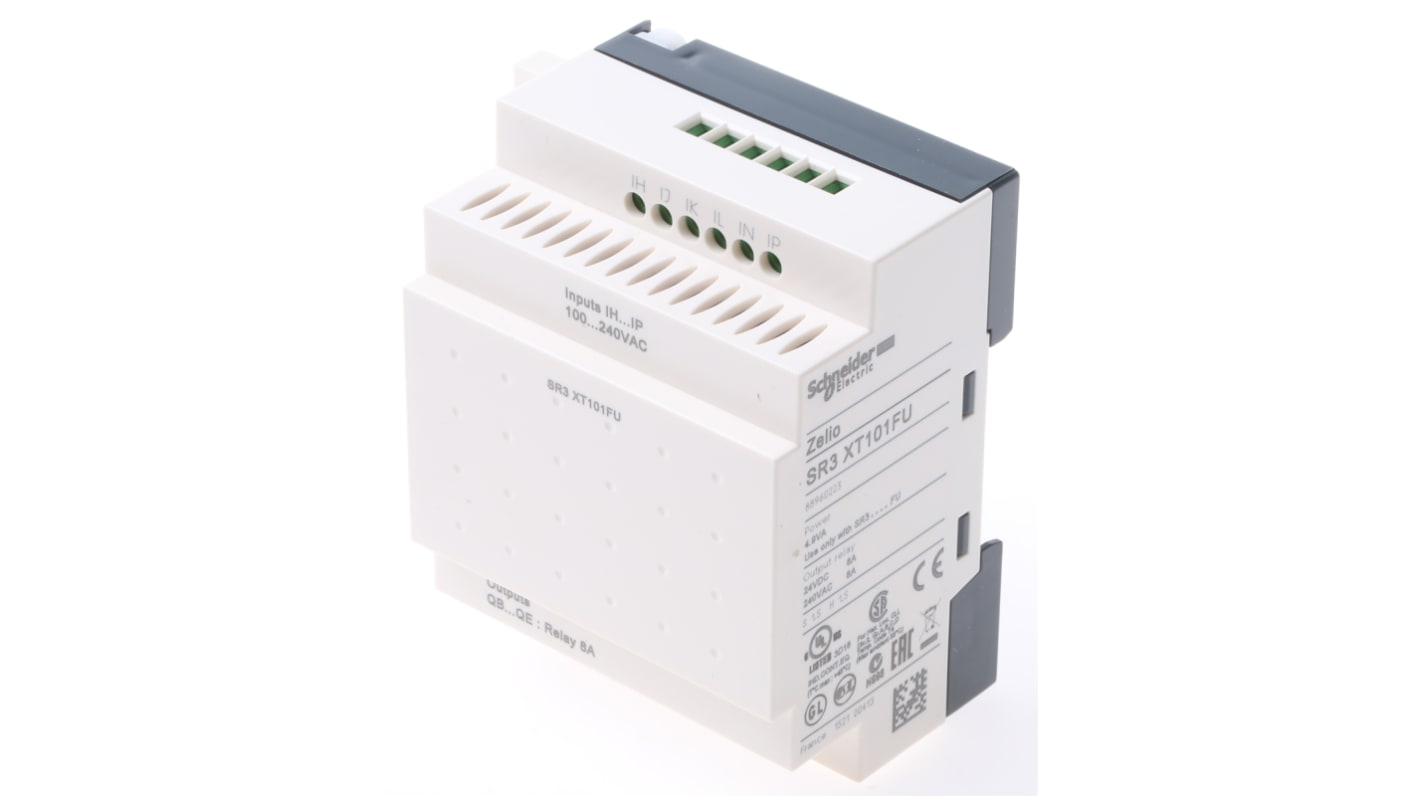 Modulo I/O Schneider Electric SR3XT101FU per guida DIN, 6 ingressi discreti, 4 uscite relè, dimensioni 110 x 72 x 59,5 mm.
