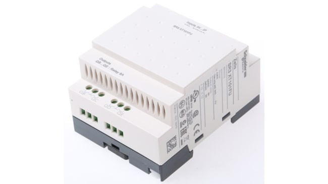 Modulo I/O Schneider Electric SR3XT101FU per guida DIN, 6 ingressi discreti, 4 uscite relè, dimensioni 110 x 72 x 59,5 mm.