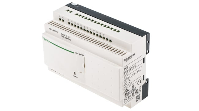Modulo I/O Schneider Electric SR2D201FU per guida DIN, 12 ingressi, 8 uscite relè, alimentazione 100-240 V c.a., dimensioni 124,6 x 107,6 x 59,5 mm.
