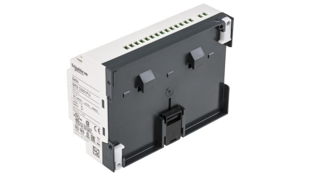Modulo I/O Schneider Electric SR2D201FU per guida DIN, 12 ingressi, 8 uscite relè, alimentazione 100-240 V c.a., dimensioni 124,6 x 107,6 x 59,5 mm.