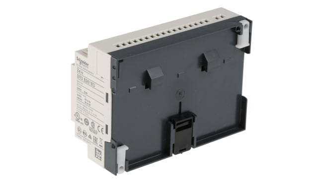 Modulo I/O Schneider Electric SR3PACK2BD, relè programmabile con 16 ingressi, 10 uscite, montaggio su guida DIN, dimensioni 90 x 71,2 x 59 mm.