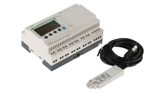 Modulo I/O Schneider Electric SR3PACK2BD, relè programmabile con 16 ingressi, 10 uscite, montaggio su guida DIN, dimensioni 90 x 71,2 x 59 mm.