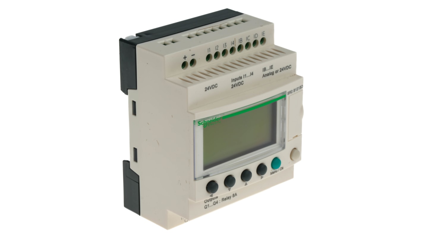 Modulo logico Schneider Electric SR2B121BD Zelio Logic, 12 ingressi - 4 uscite, 24V cc, guida DIN - Automazione industriale, illuminazione, HVAC.