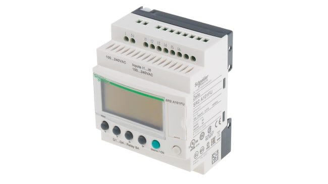 Modulo logico Schneider Electric SR2A101FU per guida DIN, 6 ingressi, 4 uscite relè, dimensioni 71,2 x 107,6 x 59,5 mm.