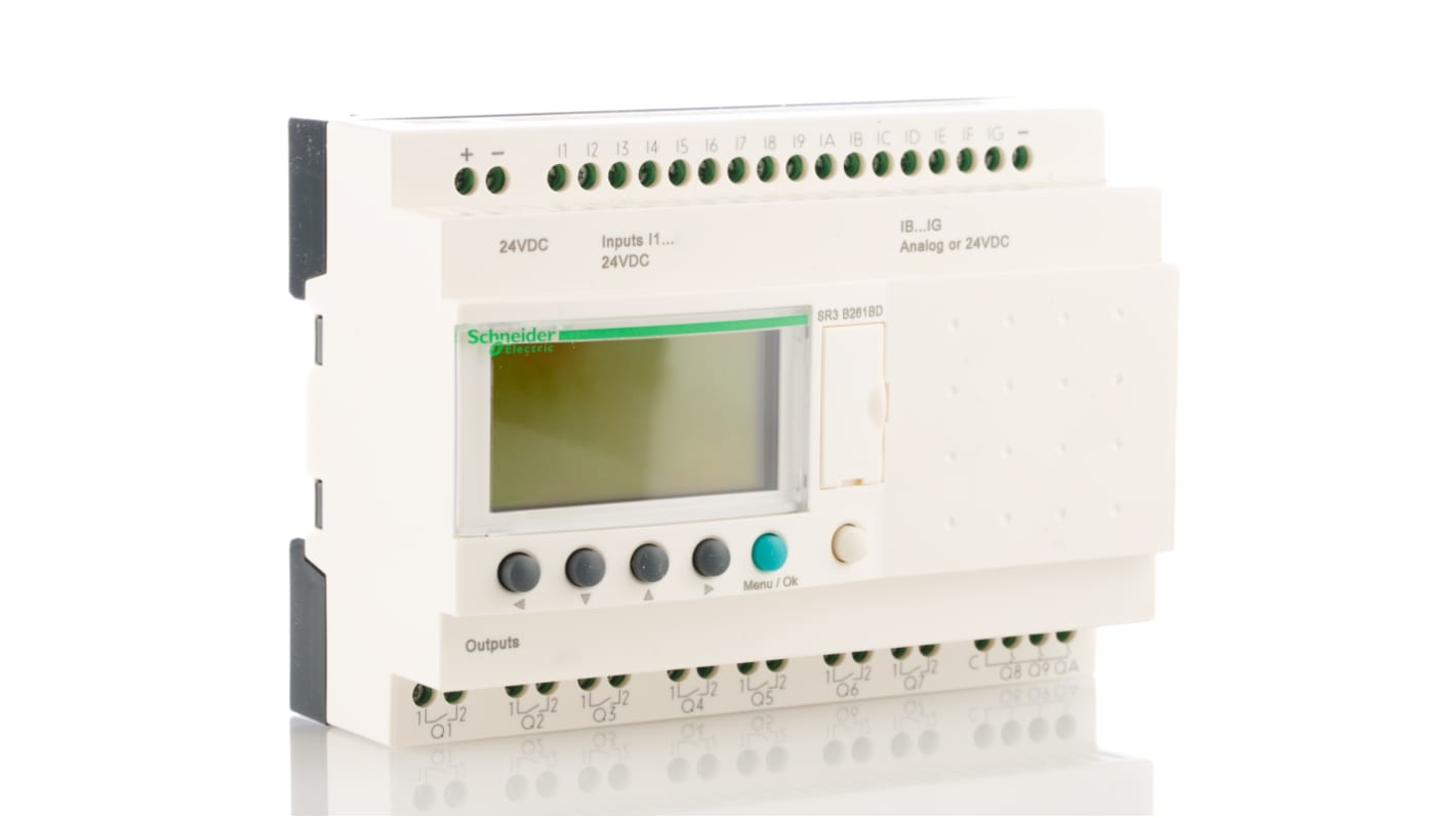 Modulo logico Schneider Electric Zelio Logic SR2B201BD con 12 ingressi e 8 uscite, 24 V c.c. per automazione industriale.