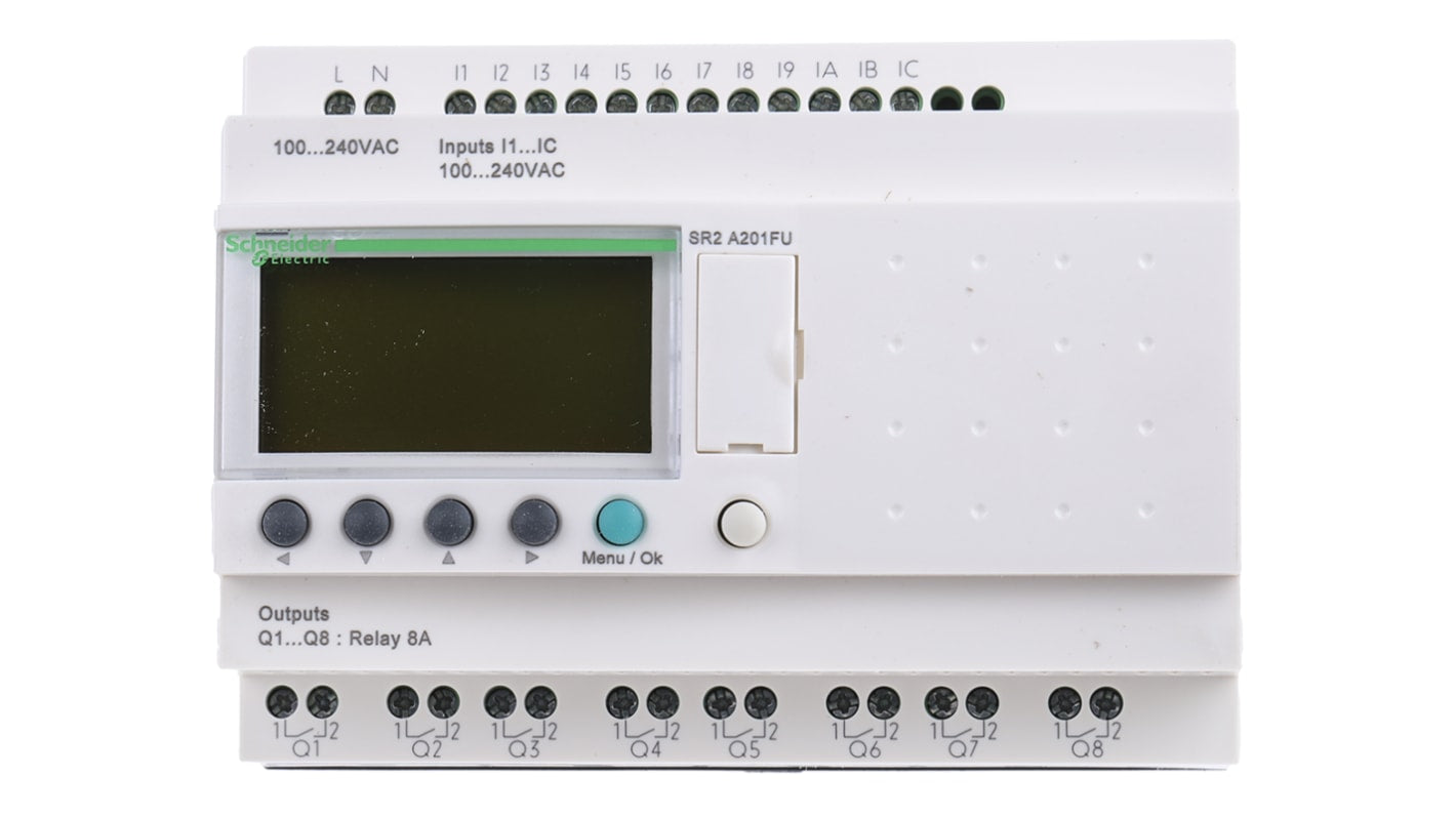 Modulo logico Schneider Electric SR2A201FU per guida DIN, 12 ingressi, 8 uscite relè, dimensioni 124,6 x 107,6 x 59,5 mm.