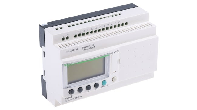 Modulo logico Schneider Electric SR2A201FU per guida DIN, 12 ingressi, 8 uscite relè, dimensioni 124,6 x 107,6 x 59,5 mm.