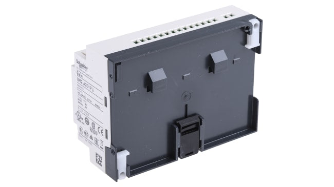Modulo logico Schneider Electric SR2A201FU per guida DIN, 12 ingressi, 8 uscite relè, dimensioni 124,6 x 107,6 x 59,5 mm.