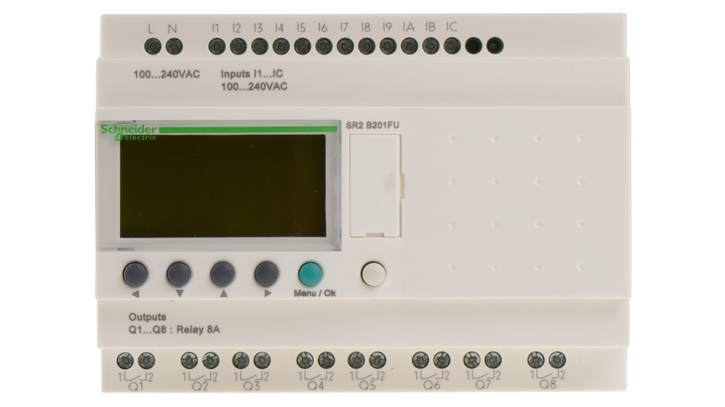 Schneider Electric SR2B201FU: Modulo logico Zelio Logic Smart con 12 ingressi e 8 uscite, ideale per automazione industriale.