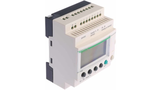 Modulo I/O Schneider Electric SR2PACKBD, relè programmabile con 8 ingressi e 4 uscite, montaggio su guida DIN, dimensioni 90 x 71,2 x 59 mm.