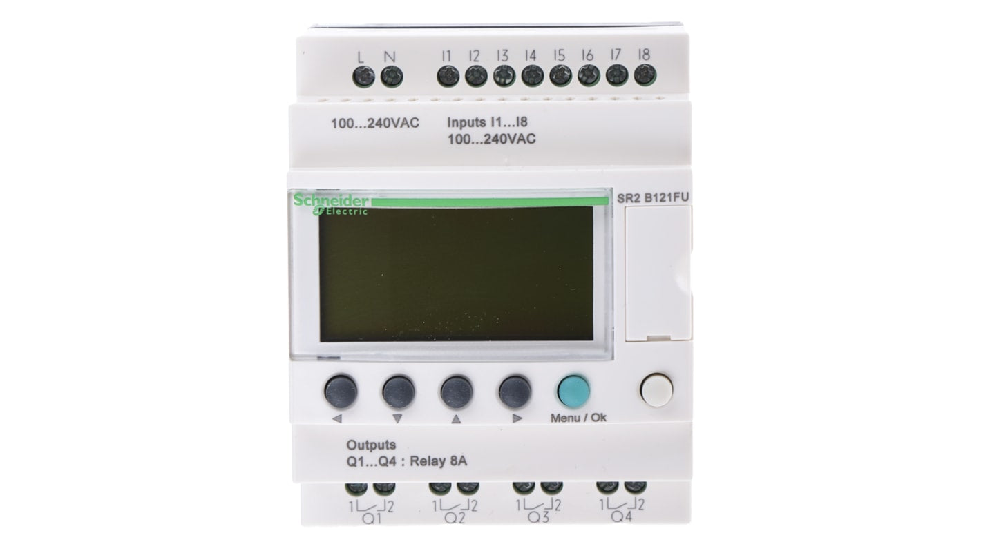 Schneider Electric SR2PACKFU, CPU PLC Zelio Logic, 8 ingressi digitali, 4 uscite relè, montaggio su guida DIN, dimensioni 90 x 71,2 x 59 mm.