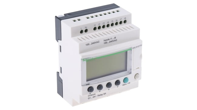 Schneider Electric SR2PACKFU, CPU PLC Zelio Logic, 8 ingressi digitali, 4 uscite relè, montaggio su guida DIN, dimensioni 90 x 71,2 x 59 mm.