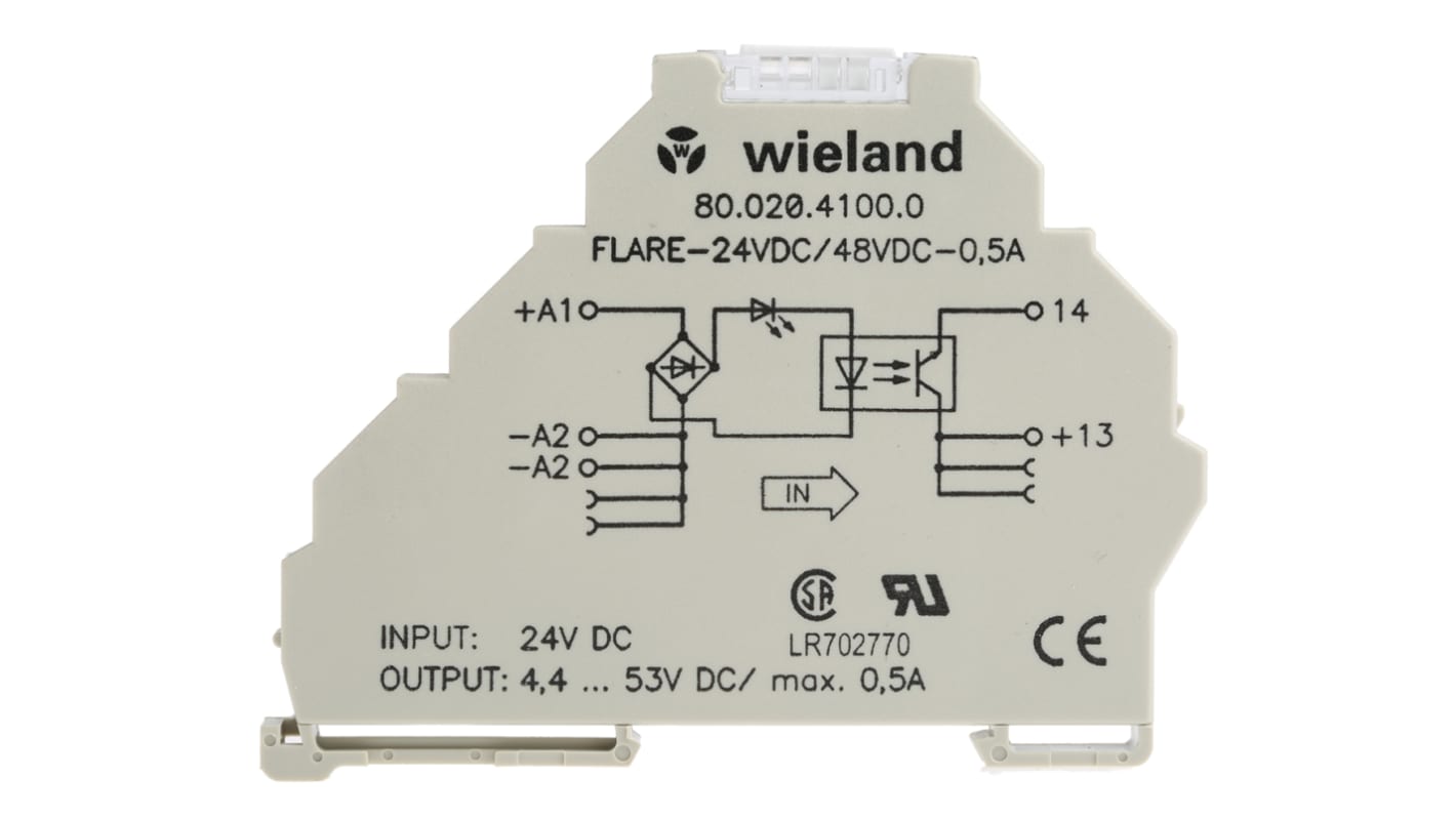 Relè a stato solido Wieland 80.020.4100.0 per guida DIN, corrente 0,5 A, tensione 4,4-53 V, larghezza 6,2 mm, LED di stato.