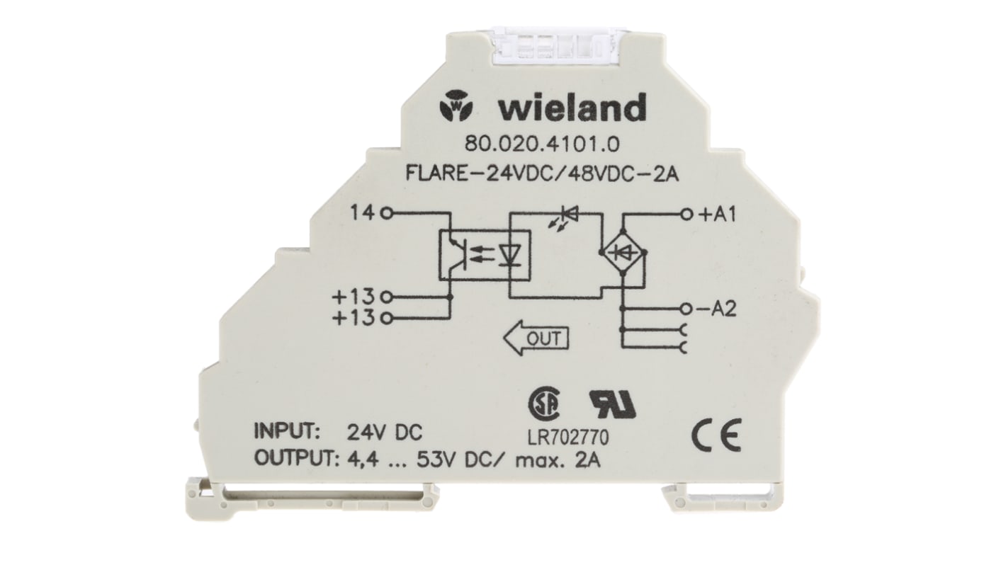 Relè a stato solido Wieland 80.020.4101.0, SPST, montaggio su guida DIN, 2 A, tensione 4,4-53 V, larghezza 6,2 mm.