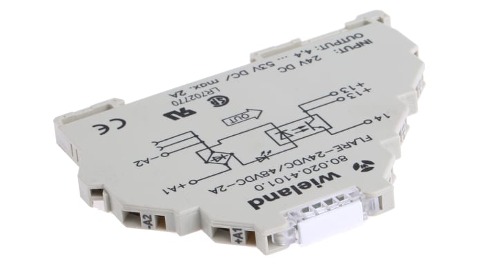 Relè a stato solido Wieland 80.020.4101.0, SPST, montaggio su guida DIN, 2 A, tensione 4,4-53 V, larghezza 6,2 mm.