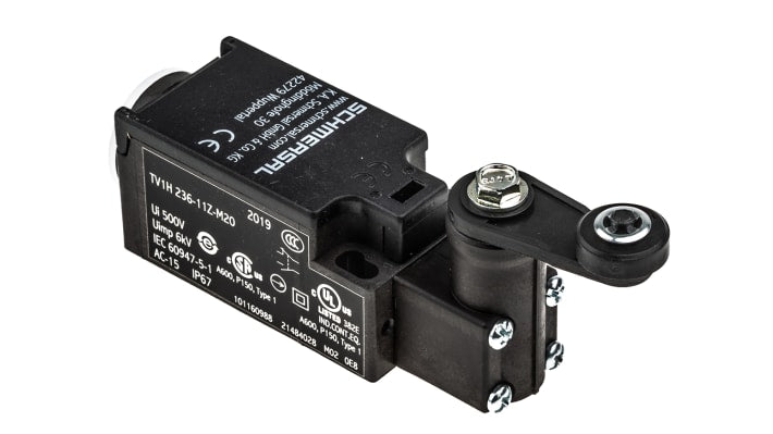 Interruttore di fine corsa Schmersal TV1H 236-11z, leva NO/NC, 230V, IP67, dimensioni 58.5mm x 30mm x 30mm.