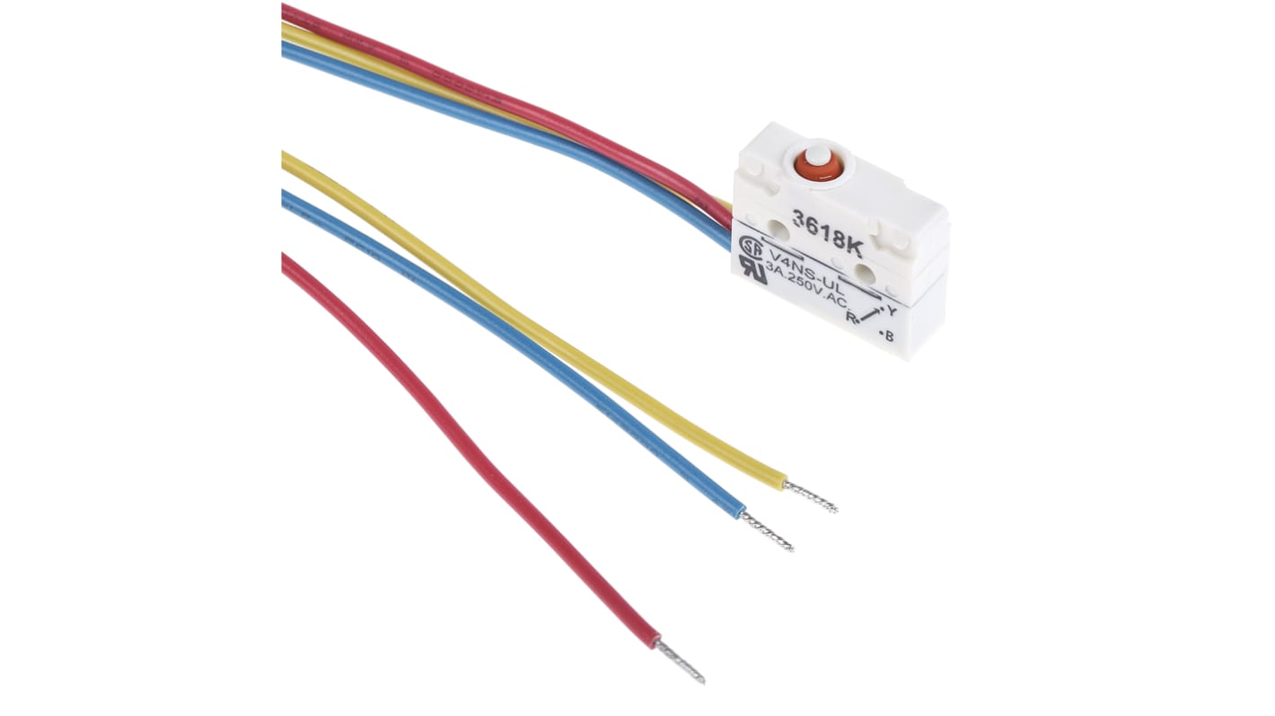 Microinterruttore SPDT pre-cablato Saia-Burgess V4NSUL, IP67, dimensioni 17 x 6,5 x 20 mm, corrente 3 A a 250 V c.a.