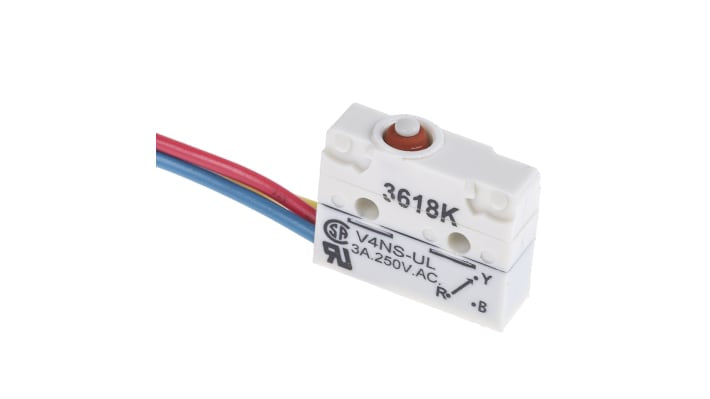 Microinterruttore SPDT pre-cablato Saia-Burgess V4NSUL, IP67, dimensioni 17 x 6,5 x 20 mm, corrente 3 A a 250 V c.a.