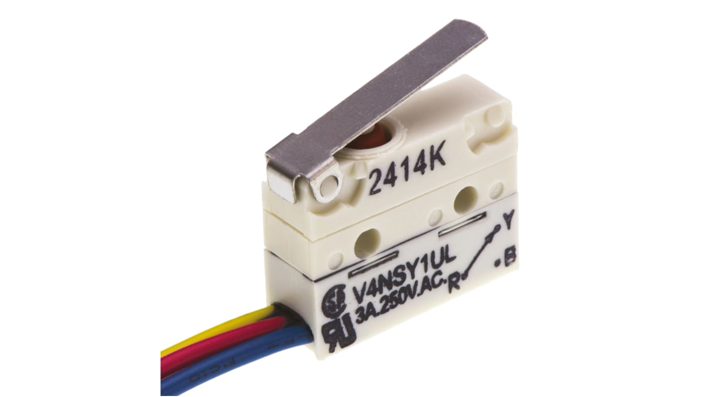 Microinterruttore SPDT pre-cablato Saia-Burgess, IP67, dimensioni 17 x 6,5 x 20 mm, corrente 3 A a 250 V c.a.