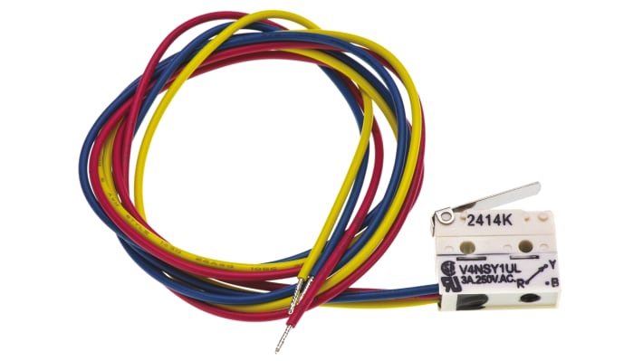 Microinterruttore SPDT pre-cablato Saia-Burgess, IP67, dimensioni 17 x 6,5 x 20 mm, corrente 3 A a 250 V c.a.