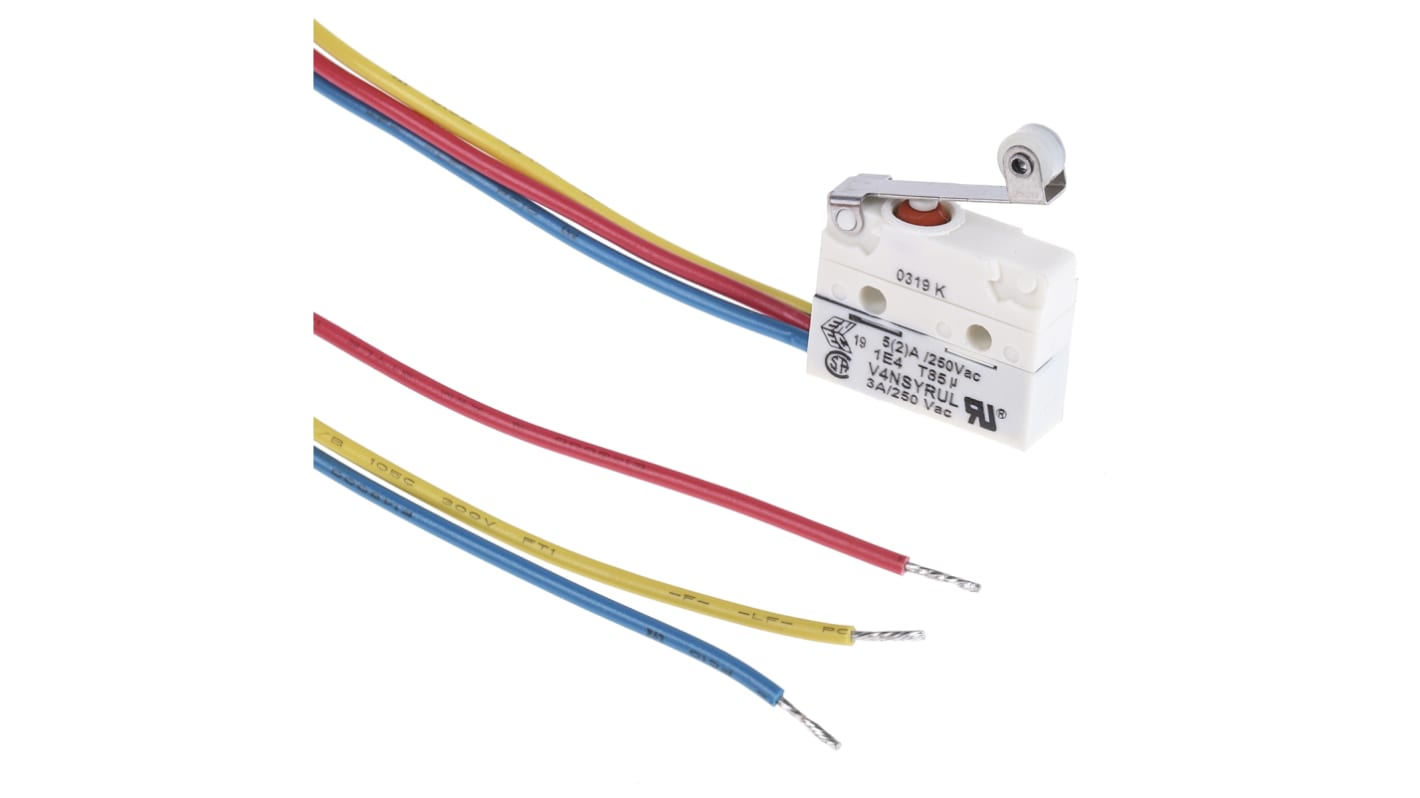 Microinterruttore Saia-Burgess V4NSYRUL SPDT pre-cablato, IP67, dimensioni 17 x 6,5 x 20 mm, durata meccanica 5 milioni di cicli.