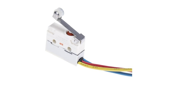 Microinterruttore Saia-Burgess V4NSYRUL SPDT pre-cablato, IP67, dimensioni 17 x 6,5 x 20 mm, durata meccanica 5 milioni di cicli.