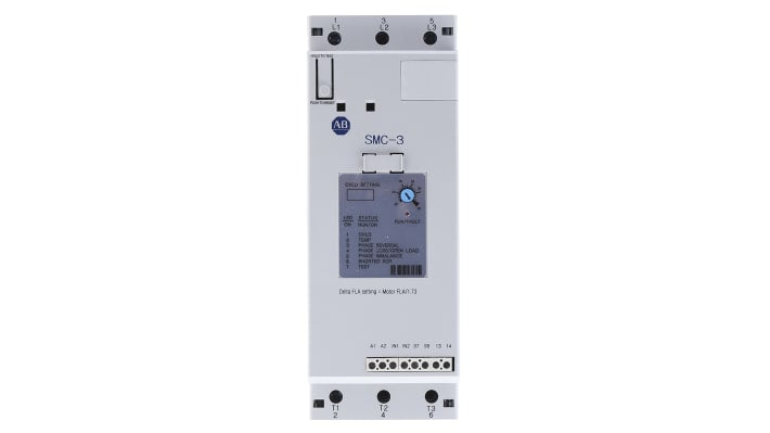 Avviatore soft-start Allen Bradley 150-C60NBR per motori trifase, potenza 30 kW, corrente 60 A, dimensioni 130x72x206 mm.