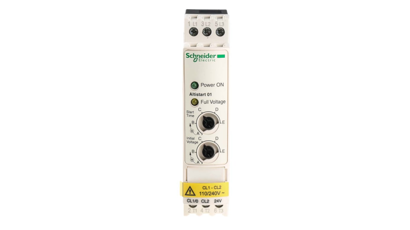 Avviatore soft-start Schneider Electric ATS01N106FT, 3 fasi, 2,2 kW, 480 V, dimensioni 100.4 x 22.5 x 100 mm, grado di protezione IP20.