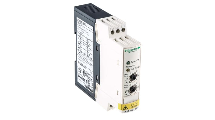 Avviatore soft-start Schneider Electric ATS01N106FT, 3 fasi, 2,2 kW, 480 V, dimensioni 100.4 x 22.5 x 100 mm, grado di protezione IP20.