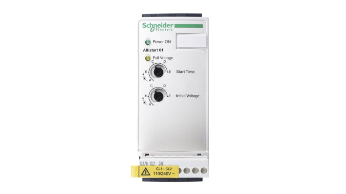 Avviatore soft-start Schneider Electric ATS01N112FT per motori asincroni, potenza 5,5 kW, 3 fasi, corrente 12 A, IP20. Dimensioni: 130,7 x 45 x 145 mm.