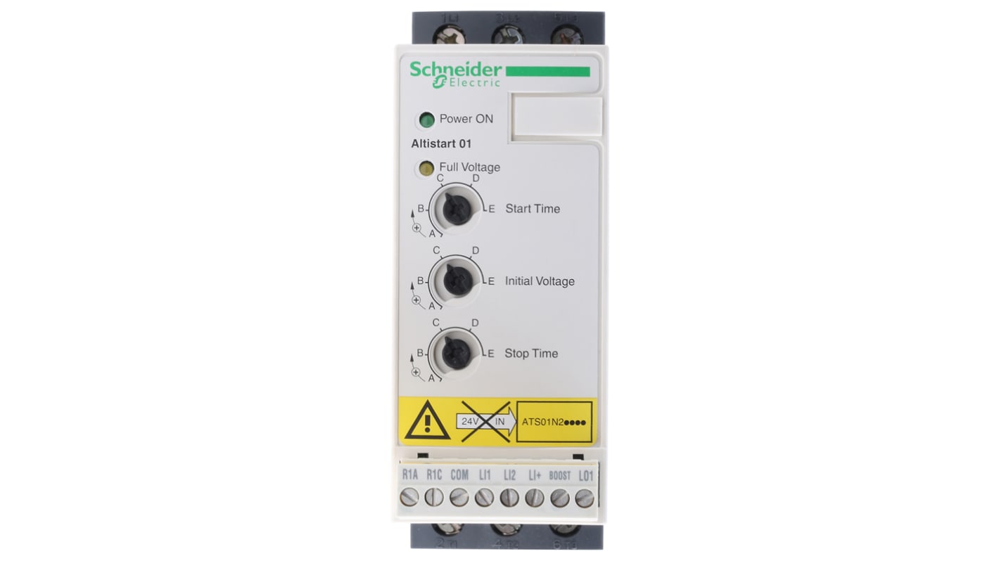 Avviatore soft-start Schneider Electric ATS01N206LU per motori trifase, potenza 1,1 kW, dimensioni 130,7 x 45 x 145 mm.