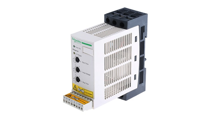 Avviatore soft-start Schneider Electric ATS01N206LU per motori trifase, potenza 1,1 kW, dimensioni 130,7 x 45 x 145 mm.