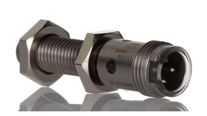 Sensore di prossimità cilindrico PNP Omron E2A-S08KS02-M1-B1, corpo in acciaio inox, distanza di rilevamento 2 mm, IP67.