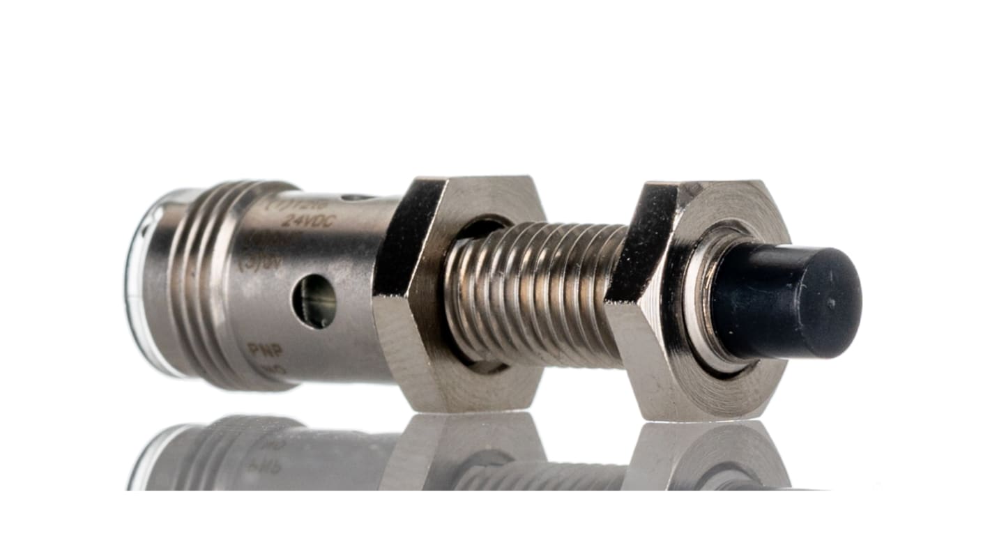 Sensore di prossimità cilindrico PNP M8 Omron E2AS08KN04M1B1, rilevamento 4 mm, corpo in acciaio inox, IP67, alimentazione 12-24 V cc.