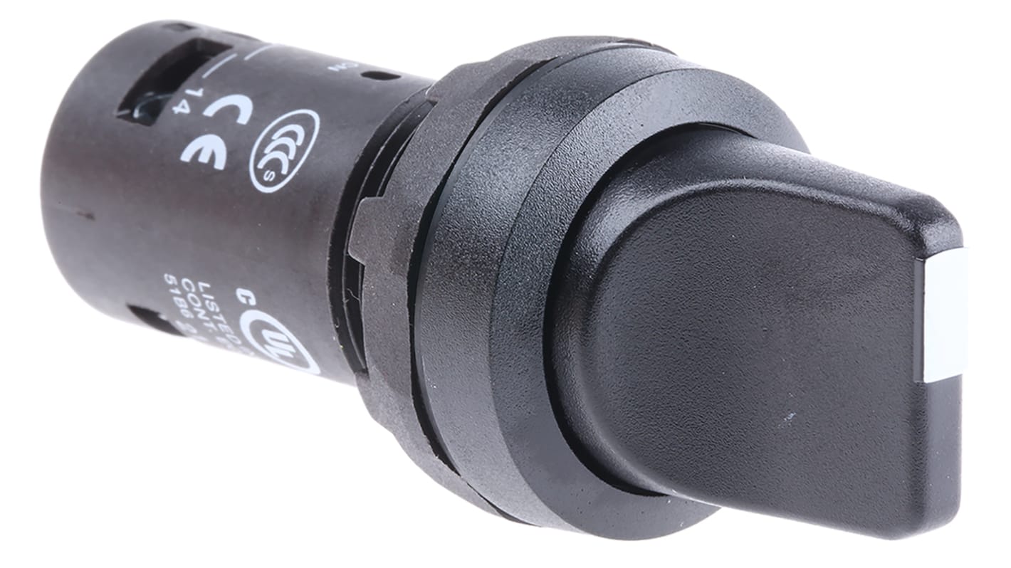 Selettore a 2 posizioni ABB C2SS1-10B-11, diametro foro 22 mm, protezione IP66, temperatura -25/+70 °C, impugnatura nera corta.