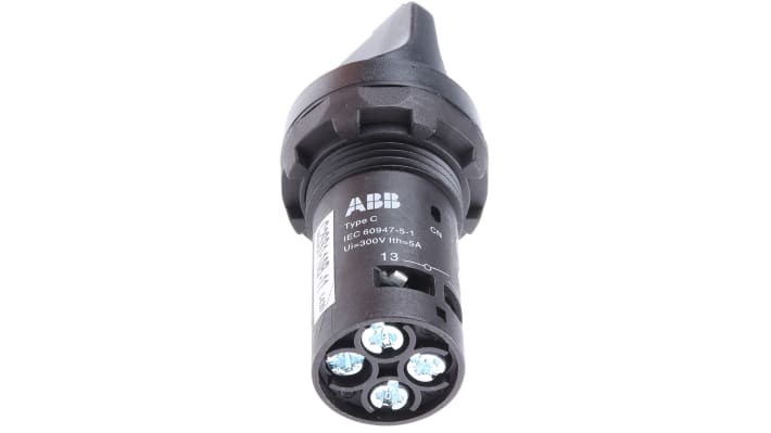 Selettore a 2 posizioni ABB C2SS1-10B-11, diametro foro 22 mm, protezione IP66, temperatura -25/+70 °C, impugnatura nera corta.