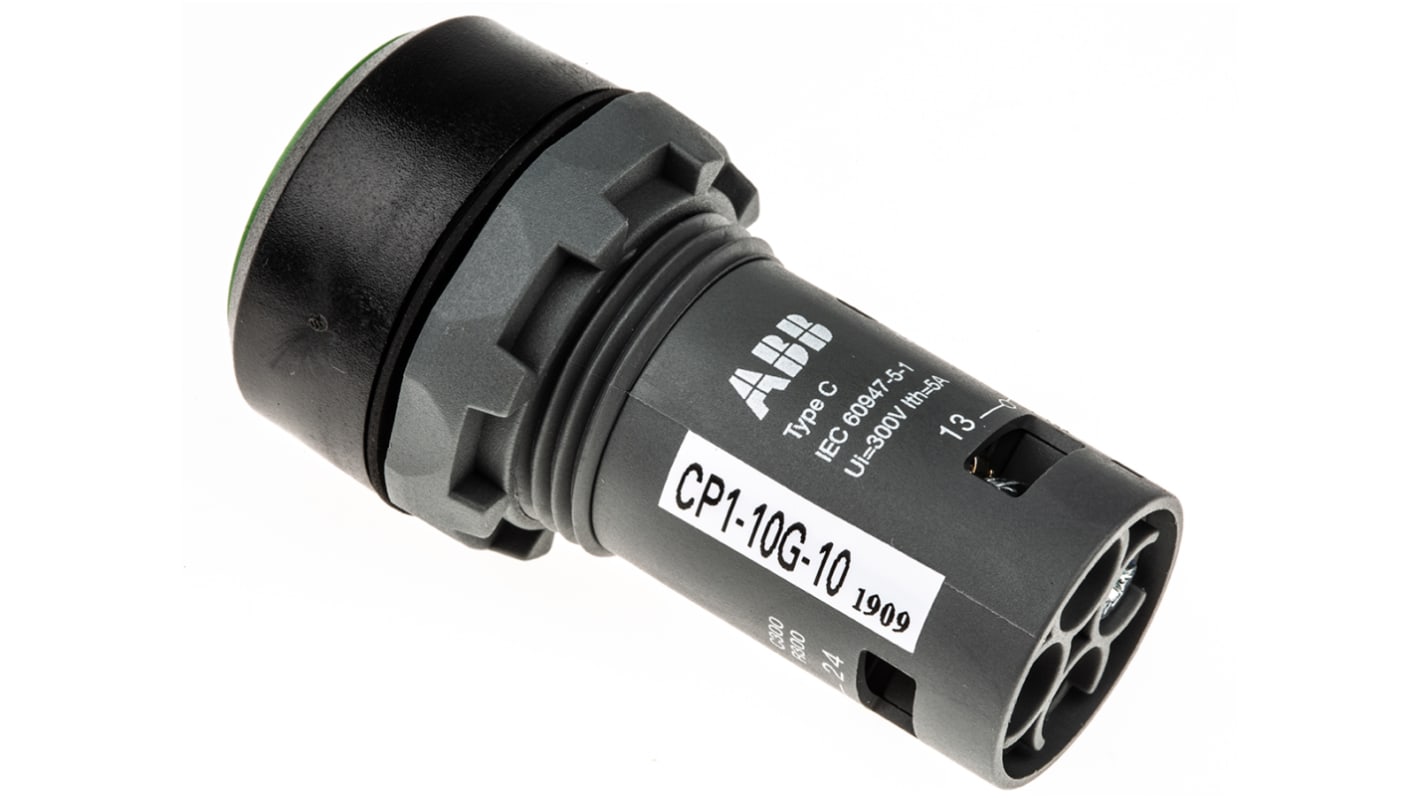 Pulsante momentaneo SPST ABB, diametro 22 mm, montaggio a pannello, protezione IP69K, colore verde, dimensioni 30 x 30 x 55 mm.