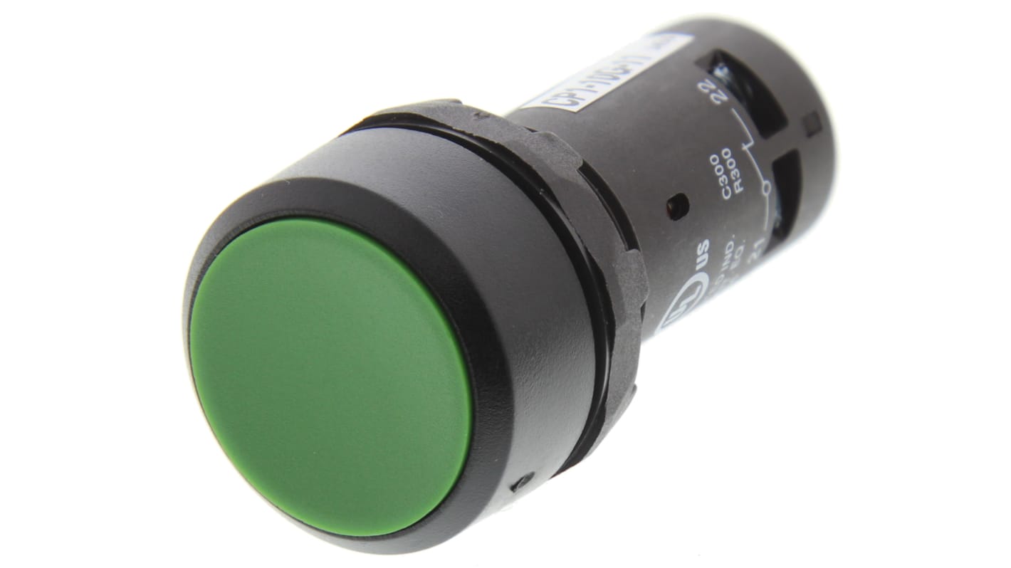 Pulsante momentaneo ABB SPDT verde, montaggio a pannello, IP69K, 22 mm, 300 V, temperatura -25/+70 °C, durata 500000 cicli.