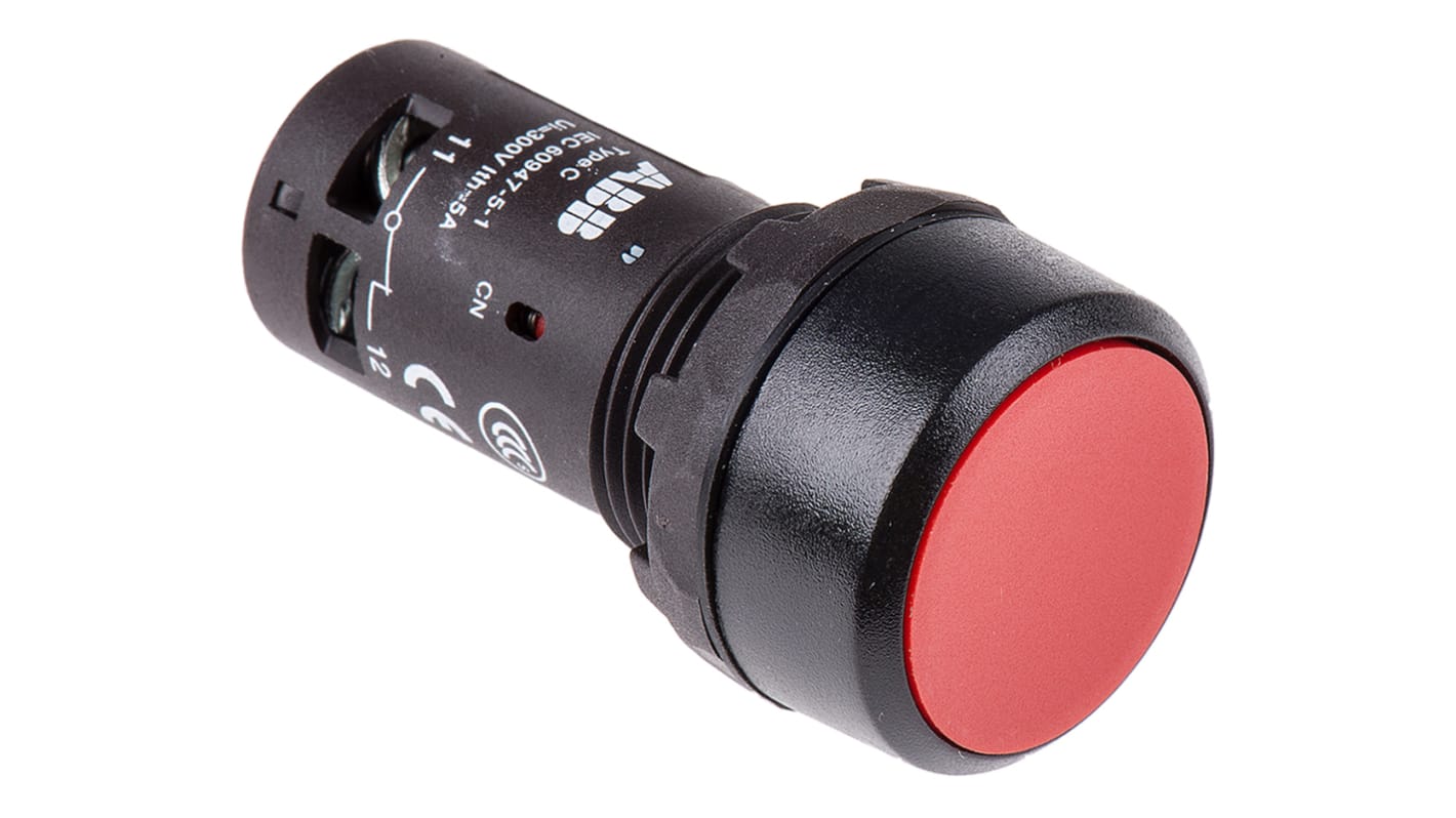 Pulsante momentaneo ABB SPST, colore rosso, montaggio a pannello, diametro foratura 22 mm, grado di protezione IP69K.