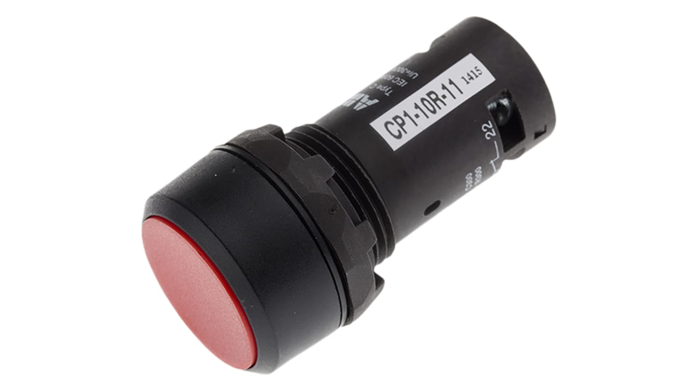 Pulsante momentaneo ABB SPDT, montaggio a pannello, IP69K, diametro foratura 22 mm, colore rosso, dimensioni 55 x 30 x 30 mm.