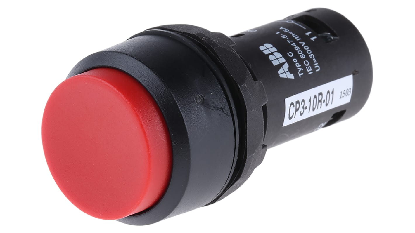 Pulsante SPST rosso ABB, montaggio a pannello, protezione IP69K, foro 22,5 mm, temperatura -25/+70 °C, codice 1SFA619102R1041.