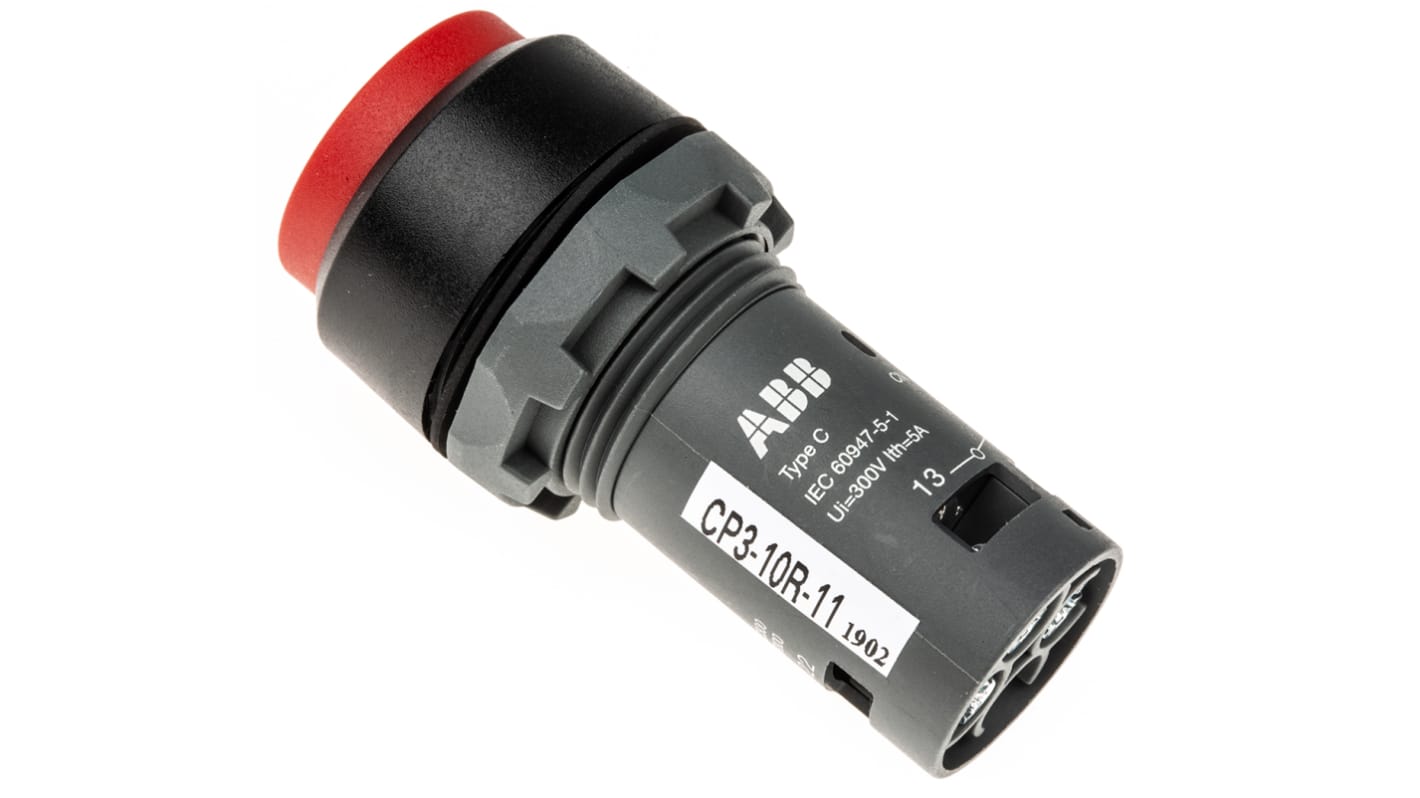 Pulsante SPDT rosso ABB, montaggio a pannello, protezione IP69K, foro di 22,5 mm, temperatura -25/+70 °C.