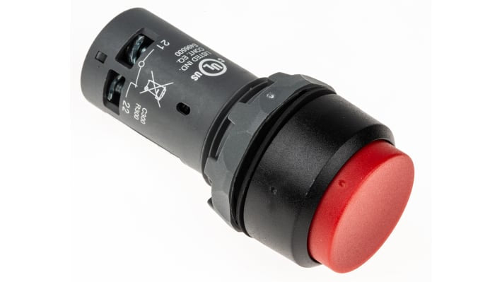 Pulsante SPDT rosso ABB, montaggio a pannello, protezione IP69K, foro di 22,5 mm, temperatura -25/+70 °C.
