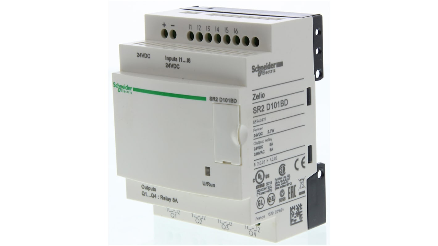 Modulo logico Schneider Electric SR2D101BD per automazione, 6 ingressi, 4 uscite relè, montaggio su guida DIN.