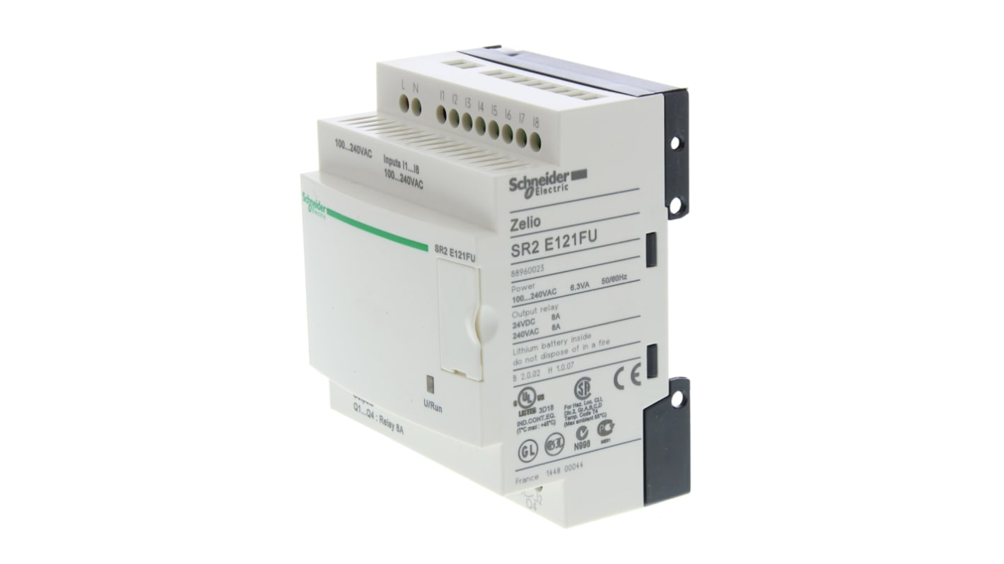 Modulo logico Schneider Electric SR2E121FU per guida DIN, 8 ingressi, 4 uscite relè, alimentazione 100-240 V, dimensioni 71,2 x 107,6 x 59,5 mm.