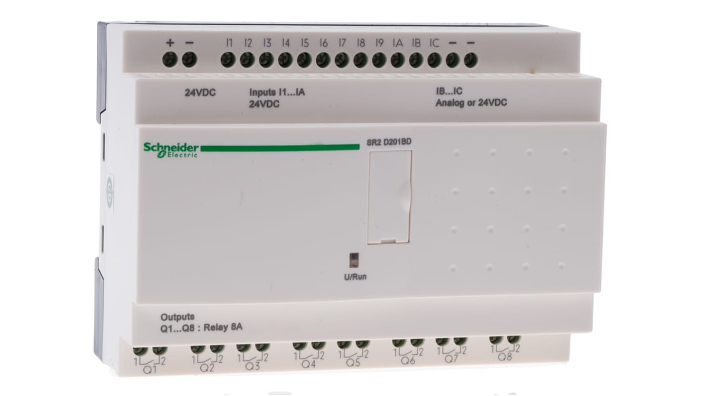 Modulo I/O Schneider Electric SR2D201BD per guida DIN, 12 ingressi e 8 uscite relè, alimentazione 24 V cc, dimensioni 124,6 x 107,6 x 59,5 mm.